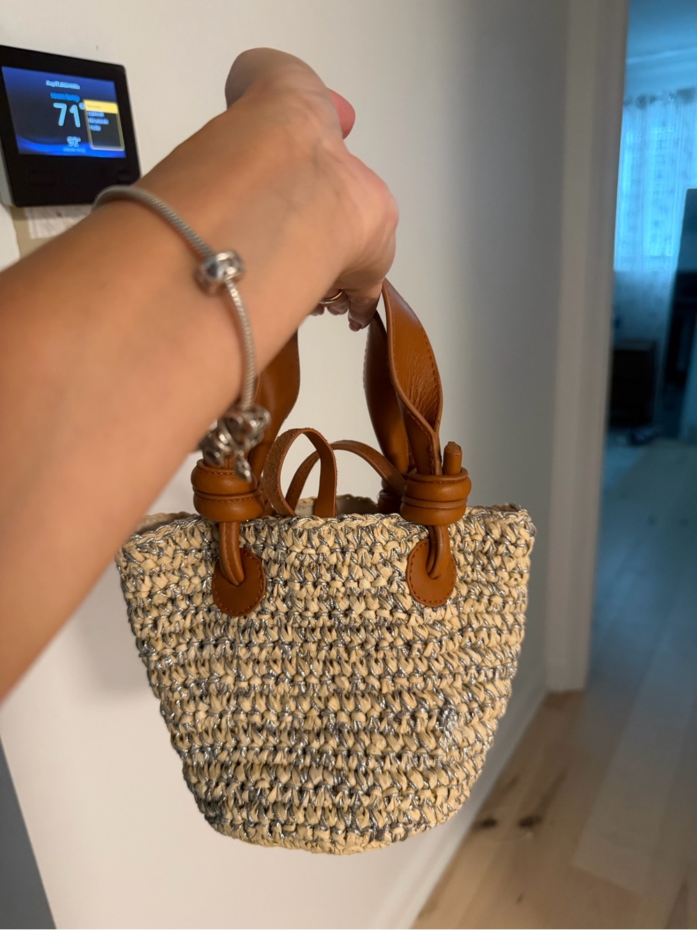 Woven Straw Tote with Tan Leather Handles